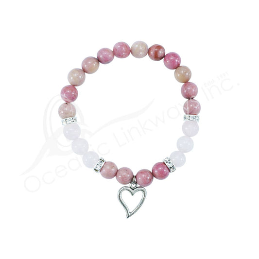 Rhodonite & Rose Quartz Bracelet with Heart Charm – 8mm Beads