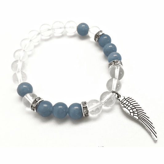 Angelite and Crystal Quartz Bracelet with Angel Wing