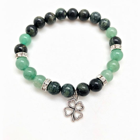 Kambaba and Green Aventurine Bracelet with 4 Leaf Clover charm