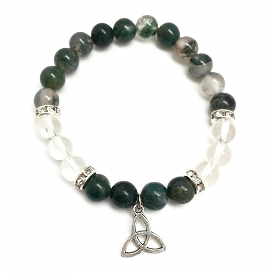 Moss Agate and Clear Quartz Stone Bracelet with Triquetra Charm