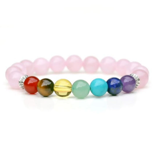 Rose Quartz Bracelet adorned with 7 Chakra Stones